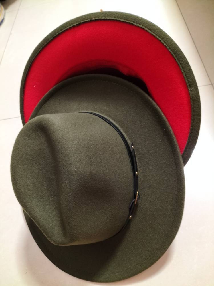 European And American Popular Woolen Top Color Matching Flat Brim Fedora Jazz Hat hat VISMERA Army green inner red M