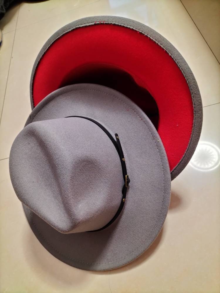 European And American Popular Woolen Top Color Matching Flat Brim Fedora Jazz Hat hat VISMERA Grey inner red M