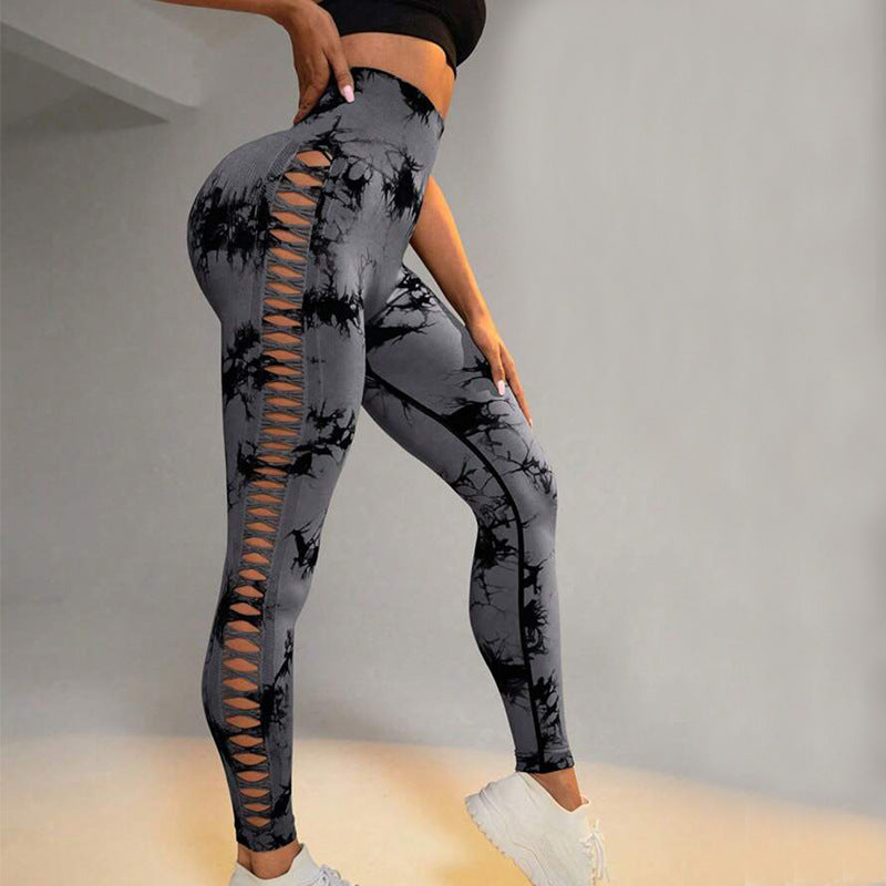 Hollow Tie Dye Printed Yoga Pants High Waist Butt Lift Seamless Sports Gym Fitness Leggings Slim Pants For Women Tight Trousers Yoga Pants fashion novaa Black Grey L