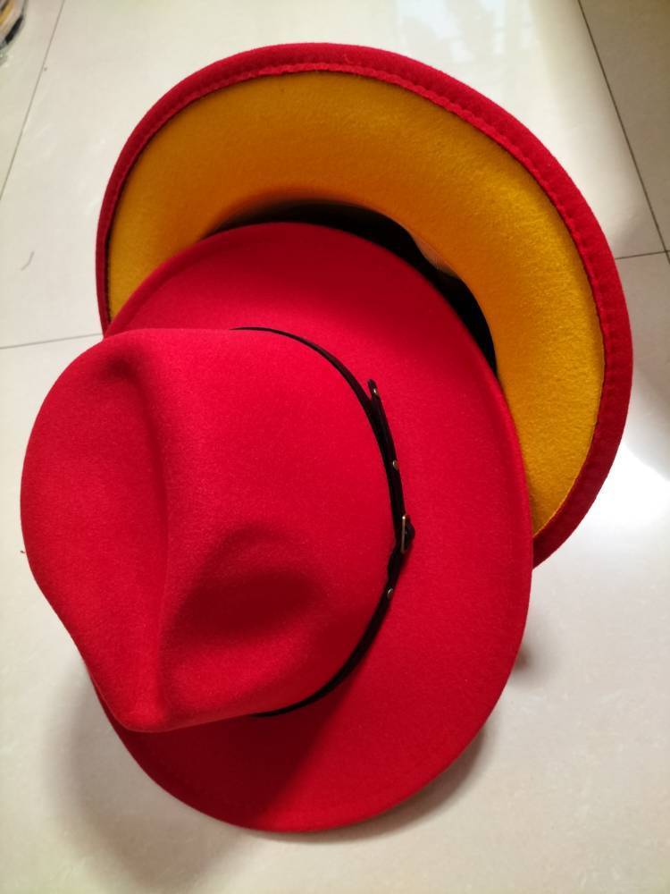 European And American Popular Woolen Top Color Matching Flat Brim Fedora Jazz Hat hat VISMERA Big red inner yellow M
