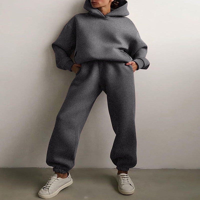 Women's Casual Hooded Sweater Two-piece Suit Clothes Hoodie Tracksuit Trench Coat fashion novaa Dark grey L