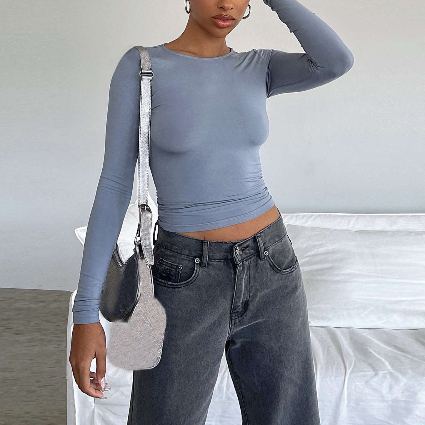 Women's Clothing Fashion Slim Long-sleeved Pullovers Tops Solid Causal Fit Shirts dress fashion novaa Bluegrey L