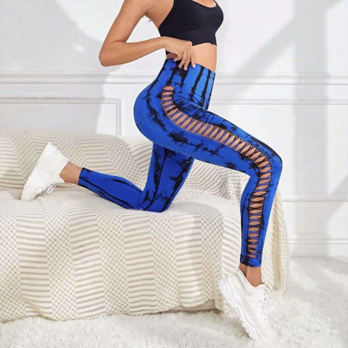 Hollow Tie Dye Printed Yoga Pants High Waist Butt Lift Seamless Sports Gym Fitness Leggings Slim Pants For Women Tight Trousers Yoga Pants fashion novaa Royal Blue L