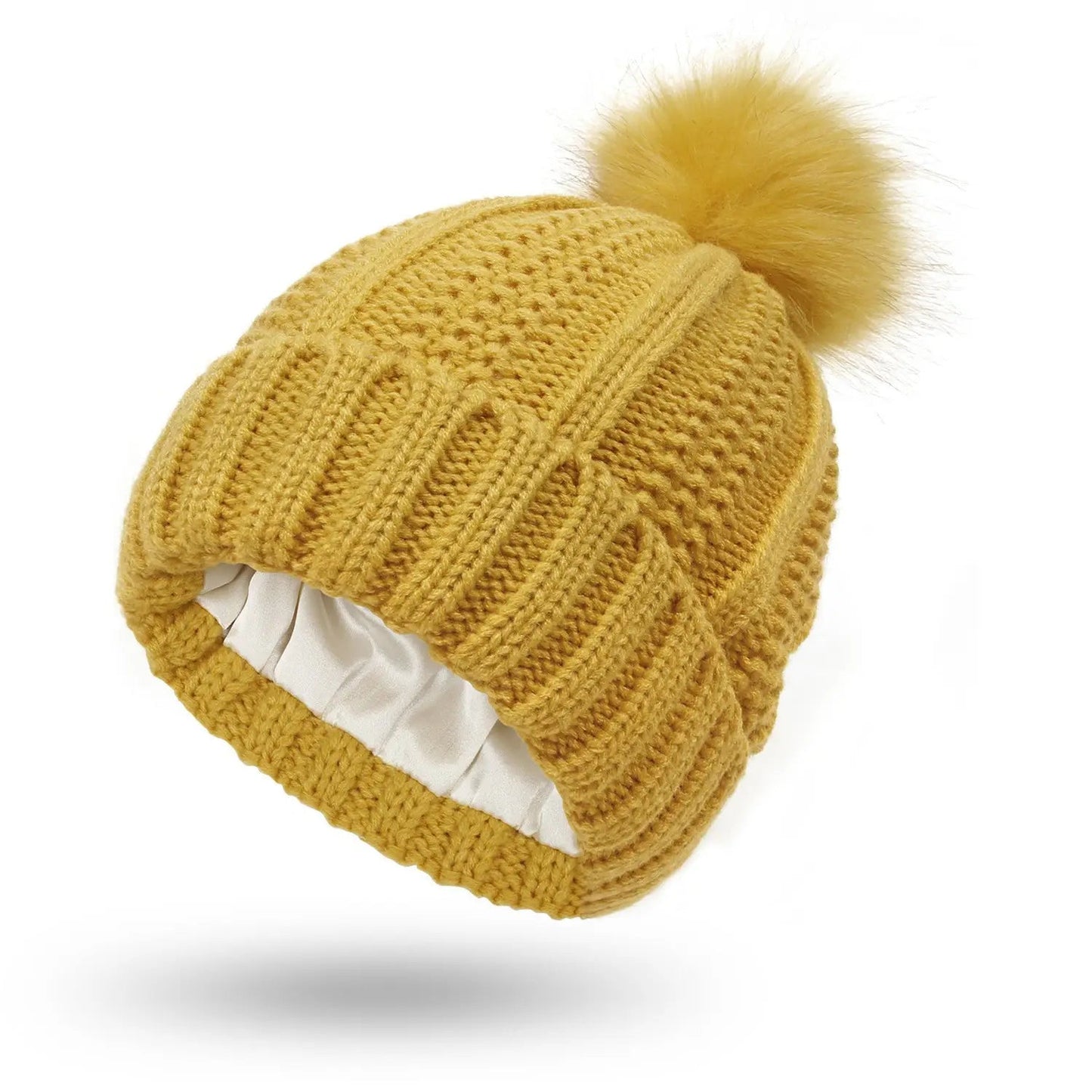 Fashion Stretchy Satin Lined Skull Knit Hats Beanie Hat For Women Faux Fur Pom Pom Hat Winter Keep Warming Beanie Hat Trending Products fashion novaa Beige One size
