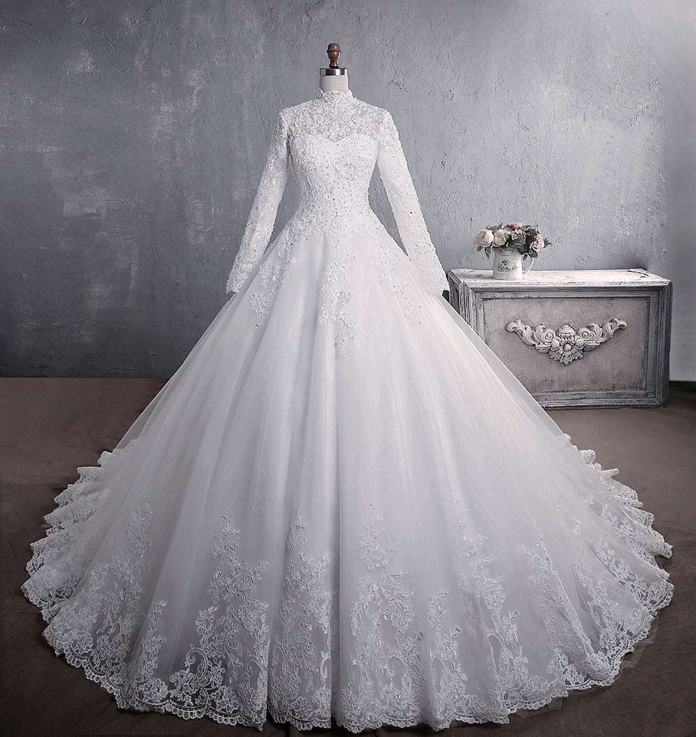 Lace Wedding Dress Bridal Stand-up Collar Long-sleeved Large Tail Large Size Wedding Dresses fashion novaa All white 2XL