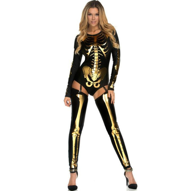 Halloween Cosplay Costume Skull Zombie Uniform dress fashion novaa Black Gold One size