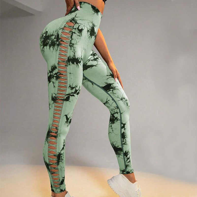 Hollow Tie Dye Printed Yoga Pants High Waist Butt Lift Seamless Sports Gym Fitness Leggings Slim Pants For Women Tight Trousers Yoga Pants fashion novaa Green L