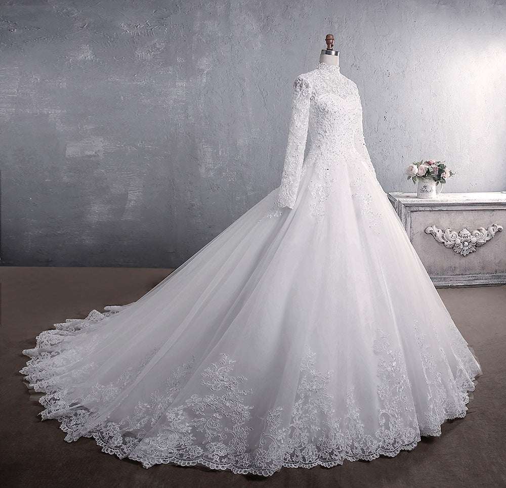 Lace Wedding Dress Bridal Stand-up Collar Long-sleeved Large Tail Large Size Wedding Dresses fashion novaa