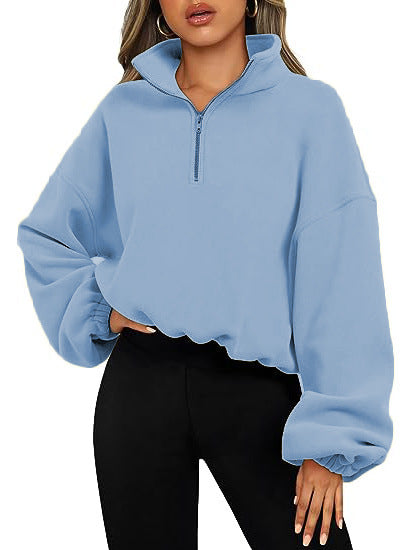 Loose Sport Pullover Hoodie Women Winter Solid Color Zipper Stand Collar Sweatshirt Thick Warm Clothing Trench Coat fashion novaa Light Blue L