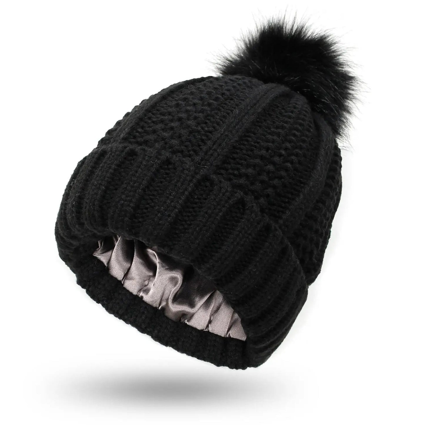 Fashion Stretchy Satin Lined Skull Knit Hats Beanie Hat For Women Faux Fur Pom Pom Hat Winter Keep Warming Beanie Hat Trending Products fashion novaa Black One size