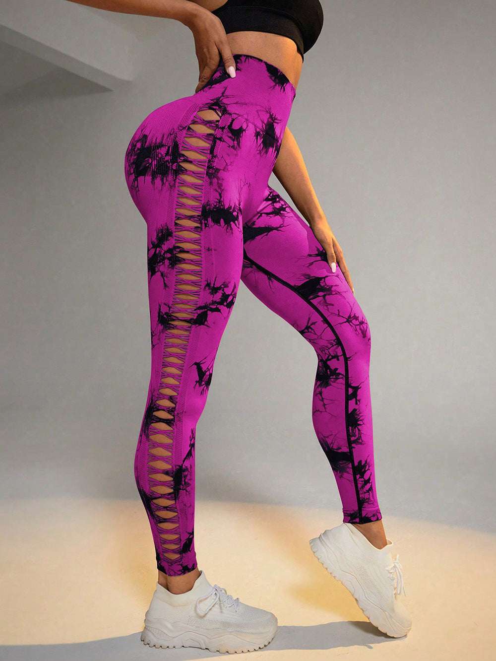 Hollow Tie Dye Printed Yoga Pants High Waist Butt Lift Seamless Sports Gym Fitness Leggings Slim Pants For Women Tight Trousers Yoga Pants fashion novaa Dark Rose Red L