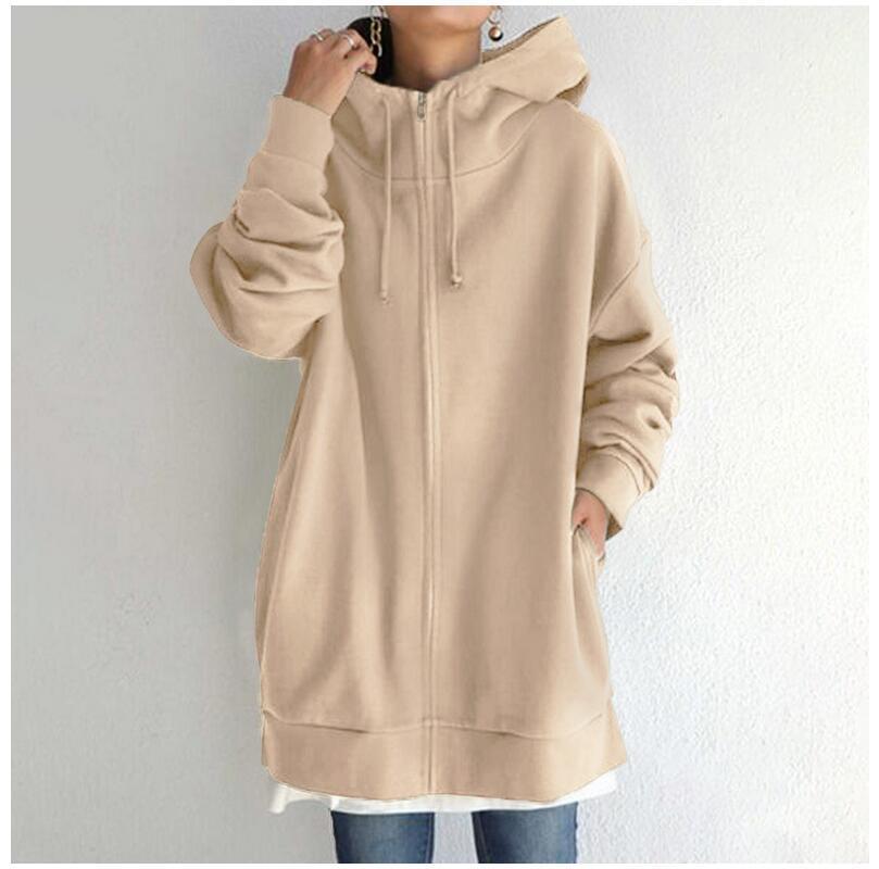 Women's Fuzzy Hoodies Long Sport Pullover Hoodie Full-Zip Hoodie Sweatshirt Trench Coat fashion novaa Khaki 3XL