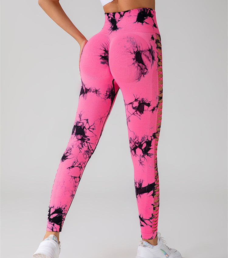 Hollow Tie Dye Printed Yoga Pants High Waist Butt Lift Seamless Sports Gym Fitness Leggings Slim Pants For Women Tight Trousers Yoga Pants fashion novaa Rose Red L