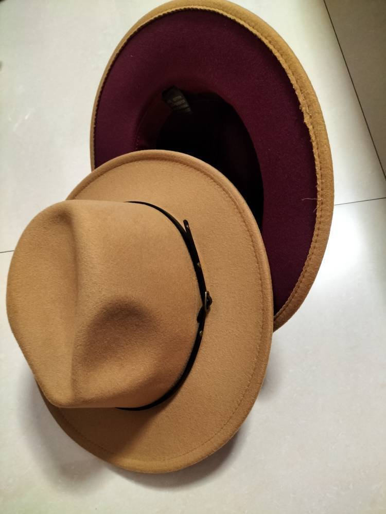 European And American Popular Woolen Top Color Matching Flat Brim Fedora Jazz Hat hat VISMERA Camel inner wine red M