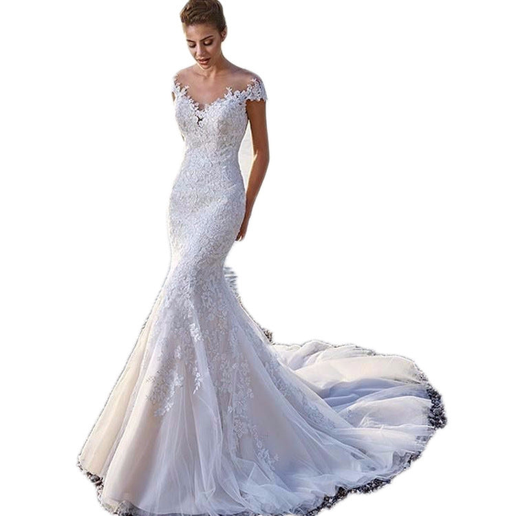 Princess Bride Mermaid Wedding Dress White Trailing Perspective Backless Lace Wedding Dress Wedding Dresses fashion novaa White 2XL