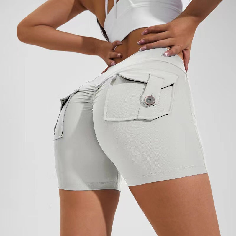 High Waist Hip Lifting Shorts With Pockets Quick Dry Yoga Fitness Sports Pants Summer Women Clothes Yoga Pants fashion novaa Light Ivory L