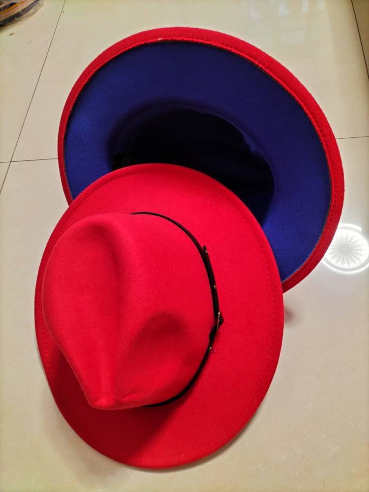European And American Popular Woolen Top Color Matching Flat Brim Fedora Jazz Hat hat VISMERA A red inner sapphire blue M