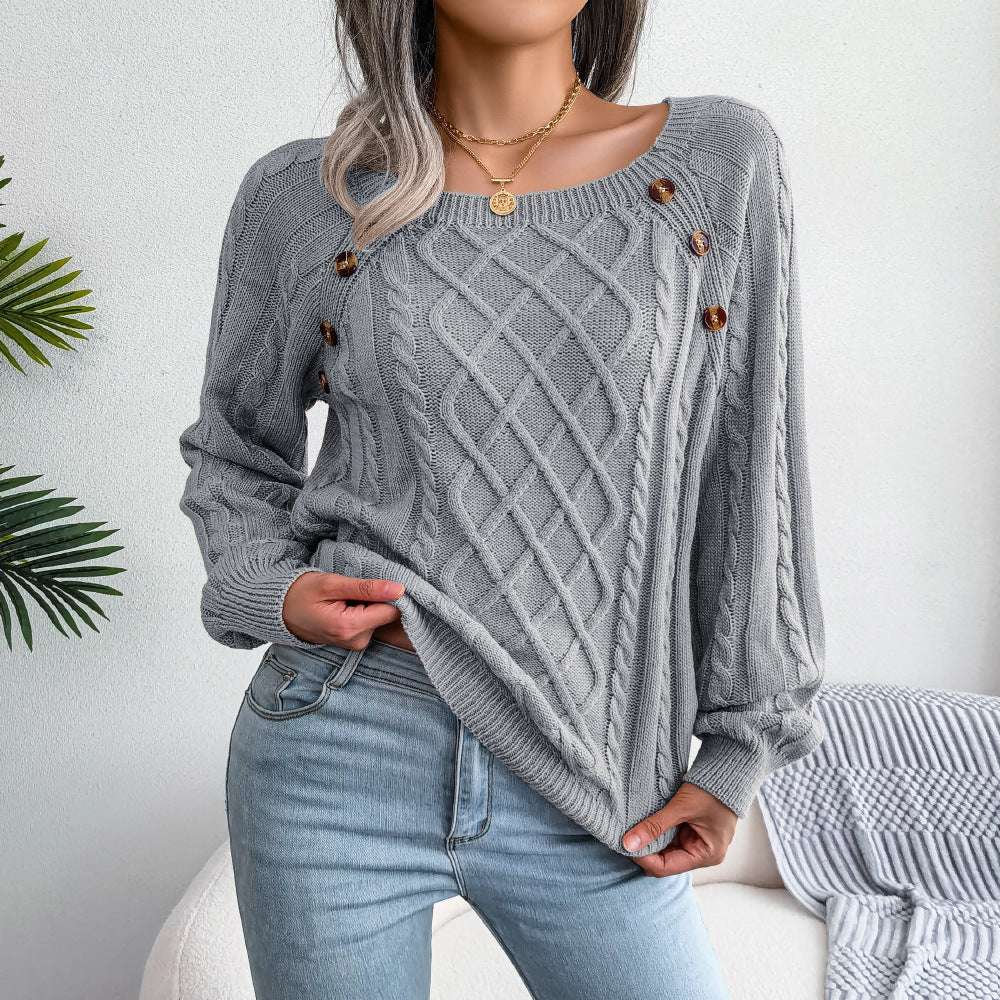 Square Neck Knitted Sweater With Button Design Winter Warm Long Sleeve Tops Women's Clothing dress fashion novaa Grey L
