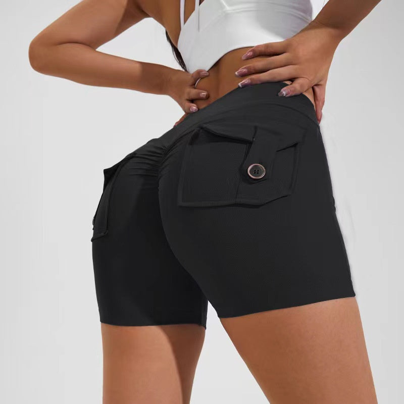 High Waist Hip Lifting Shorts With Pockets Quick Dry Yoga Fitness Sports Pants Summer Women Clothes Yoga Pants fashion novaa Black L