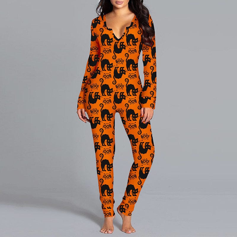 Halloween Printed Jumpsuit Long Sleeve Home Pajamas Casual Trousers Women's Cos Clothing dress fashion novaa BKAO001 L