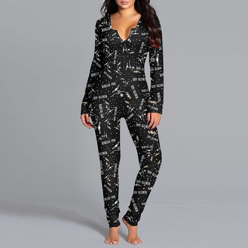 Halloween Printed Jumpsuit Long Sleeve Home Pajamas Casual Trousers Women's Cos Clothing dress fashion novaa BKAO002 L