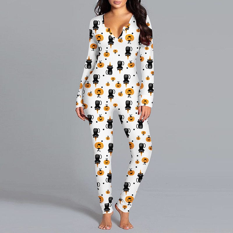 Halloween Printed Jumpsuit Long Sleeve Home Pajamas Casual Trousers Women's Cos Clothing dress fashion novaa BKAO003 L