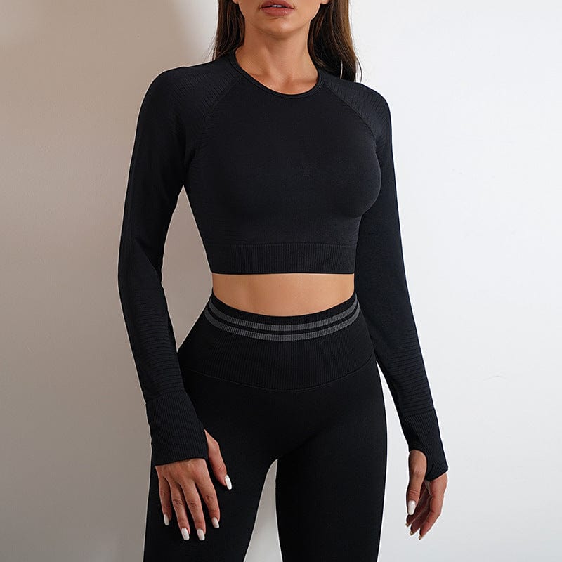 Seamless Yoga Pants Sports Gym Fitness Leggings Or Long Sleeve Tops Outfits Butt Lifting Slim Workout Sportswear Clothing dress fashion novaa Black Long Sleeve L