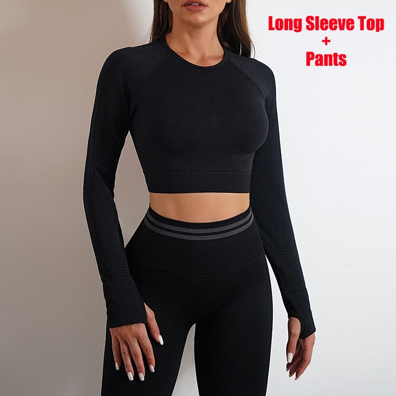 Seamless Yoga Pants Sports Gym Fitness Leggings Or Long Sleeve Tops Outfits Butt Lifting Slim Workout Sportswear Clothing dress fashion novaa Black Suit L