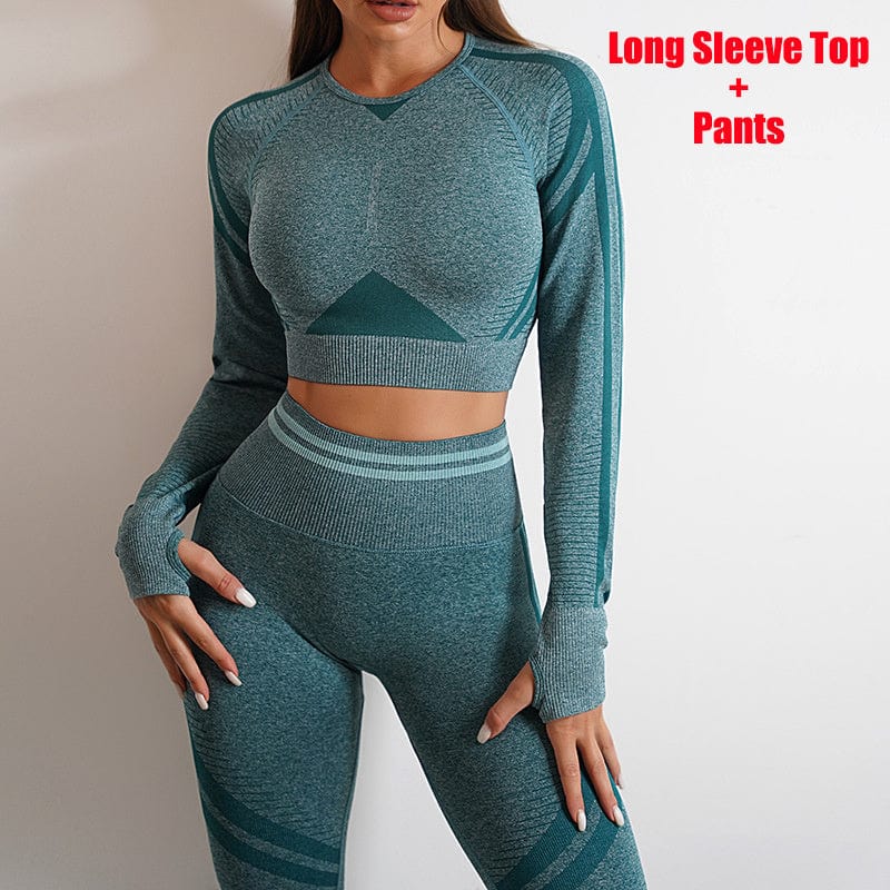 Seamless Yoga Pants Sports Gym Fitness Leggings Or Long Sleeve Tops Outfits Butt Lifting Slim Workout Sportswear Clothing dress fashion novaa Dark Green Suit L
