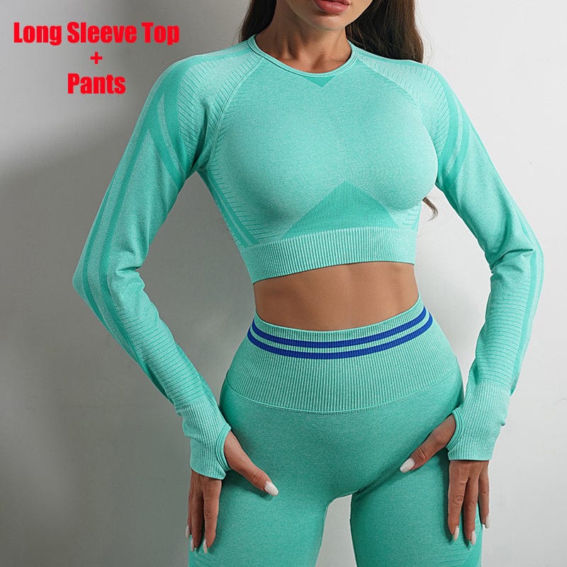 Seamless Yoga Pants Sports Gym Fitness Leggings Or Long Sleeve Tops Outfits Butt Lifting Slim Workout Sportswear Clothing dress fashion novaa Green Suit L