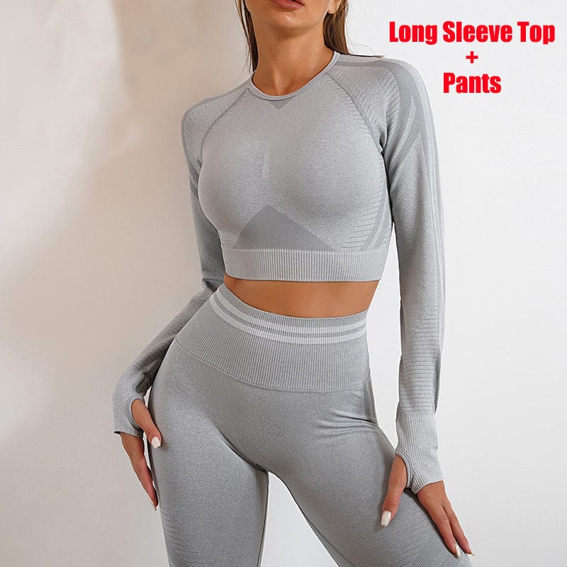 Seamless Yoga Pants Sports Gym Fitness Leggings Or Long Sleeve Tops Outfits Butt Lifting Slim Workout Sportswear Clothing dress fashion novaa Grey Suit L