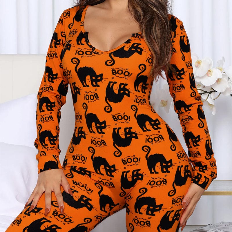 Halloween Printed Jumpsuit Long Sleeve Home Pajamas Casual Trousers Women's Cos Clothing dress fashion novaa