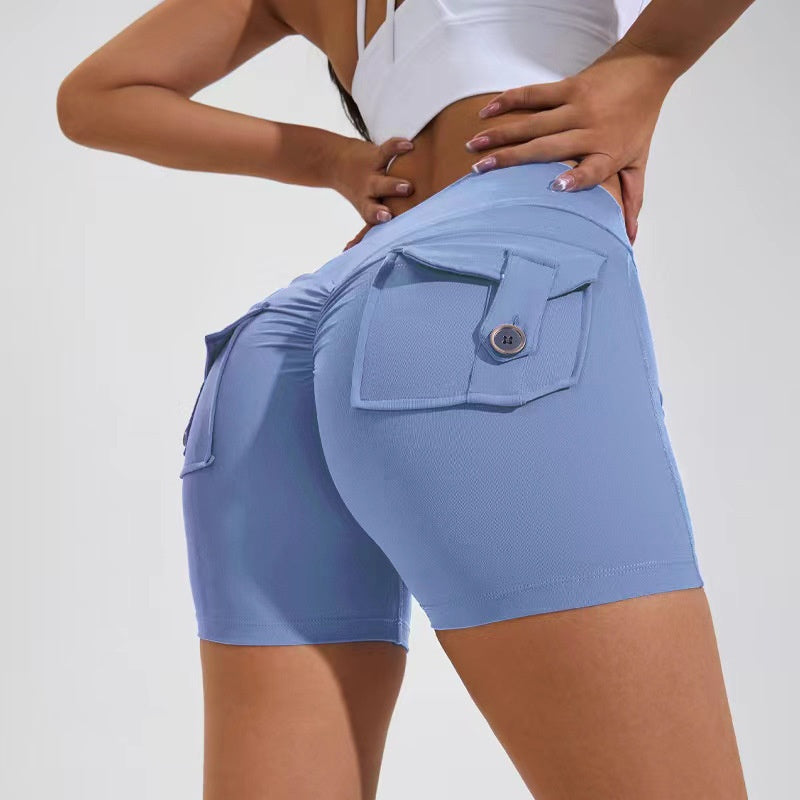 High Waist Hip Lifting Shorts With Pockets Quick Dry Yoga Fitness Sports Pants Summer Women Clothes Yoga Pants fashion novaa Gray Blue L