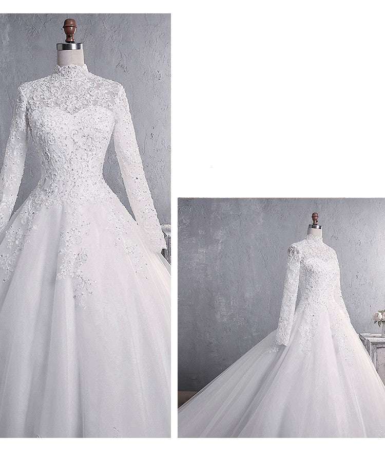 Lace Wedding Dress Bridal Stand-up Collar Long-sleeved Large Tail Large Size Wedding Dresses fashion novaa