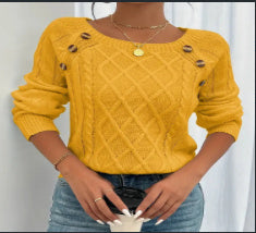 Square Neck Knitted Sweater With Button Design Winter Warm Long Sleeve Tops Women's Clothing dress fashion novaa Yellow L