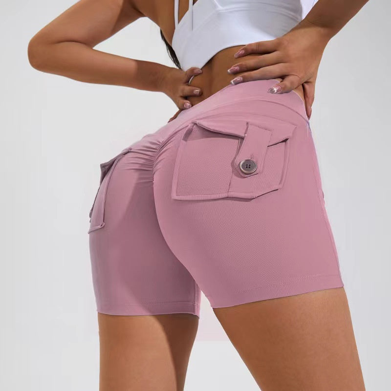High Waist Hip Lifting Shorts With Pockets Quick Dry Yoga Fitness Sports Pants Summer Women Clothes Yoga Pants fashion novaa Pink Purple L