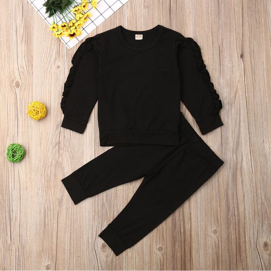 Newborn Baby Boys Girls Ruffles Jumper Solid Long Sleeve Sweatshirt Tops Pants Infant Kids 2Pcs Outfits Clothes Set Fall Clothes kids fashion novaa Black 100cm