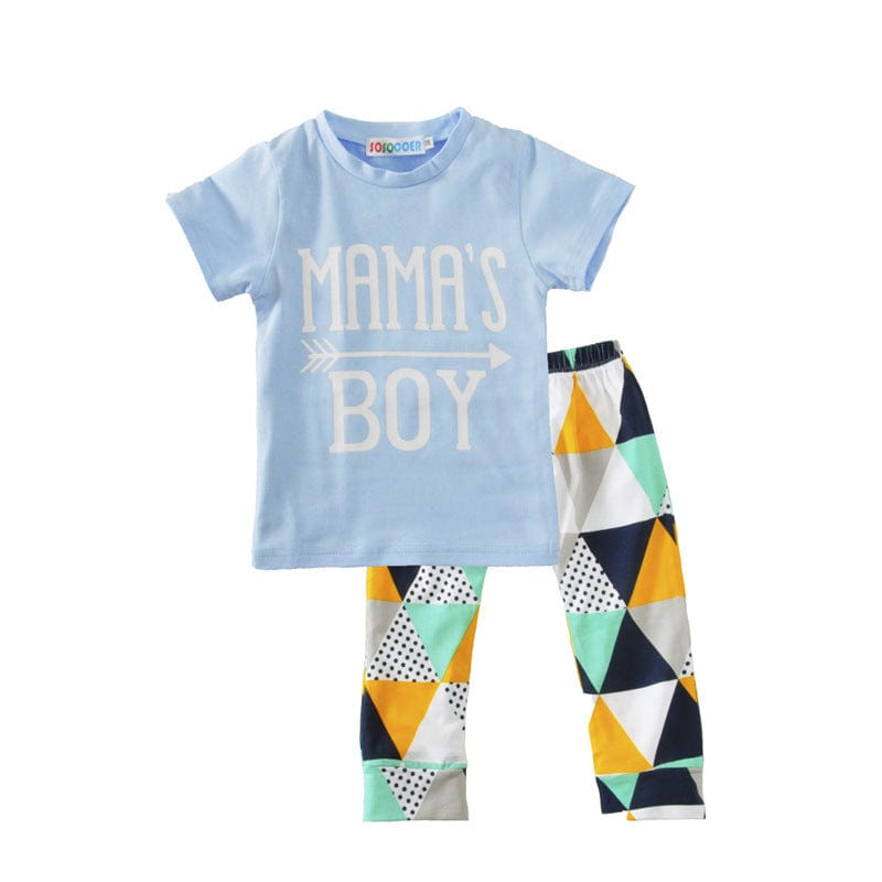 Children's Clothing Boy Suit Short-Sleeved T-Shirt Blue Letter Arrow Geometric Pants Baby Two-Piece Suit kids fashion novaa Blue 100cm