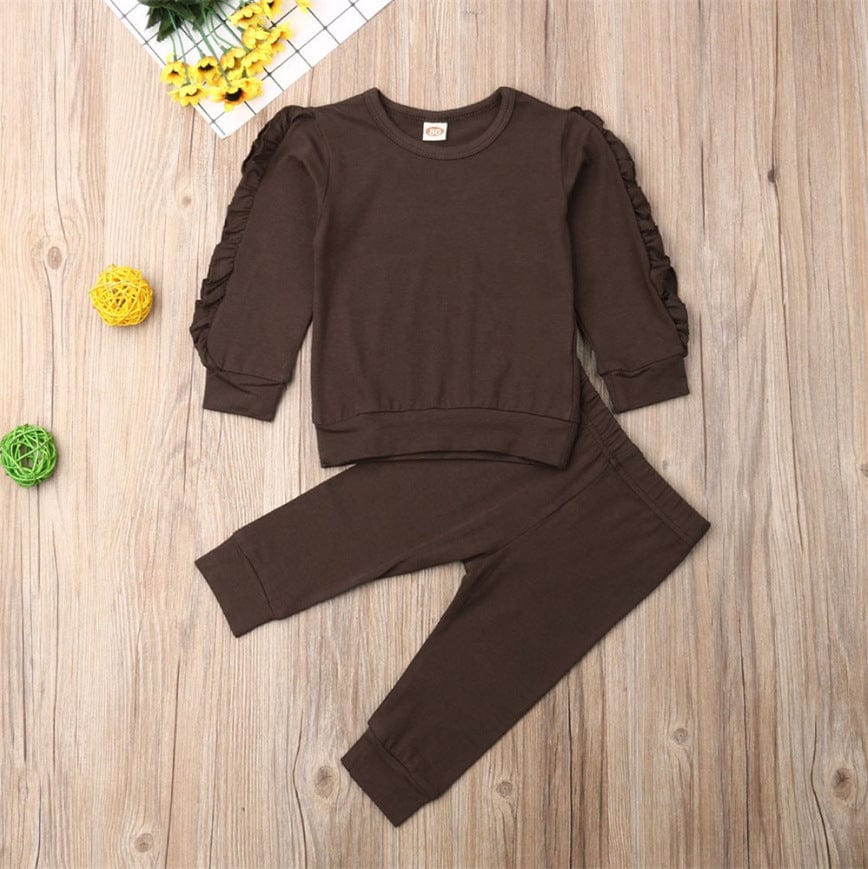 Newborn Baby Boys Girls Ruffles Jumper Solid Long Sleeve Sweatshirt Tops Pants Infant Kids 2Pcs Outfits Clothes Set Fall Clothes kids fashion novaa Brown 100cm