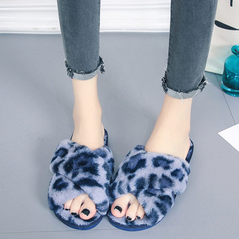 Cross-strap Fuzzy Slippers Leopard Plush House Shoes Flat Bedroom Slippers Slippers For Women shoes fashion novaa