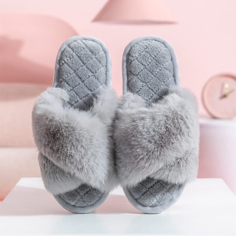 Cross-strap Furry Slippers Warm House Shoes For Women Winter Casual Flip Flops Fluffy Shoes Slides Soft Plush Home Indoor Slippers shoes fashion novaa Grey 36to37