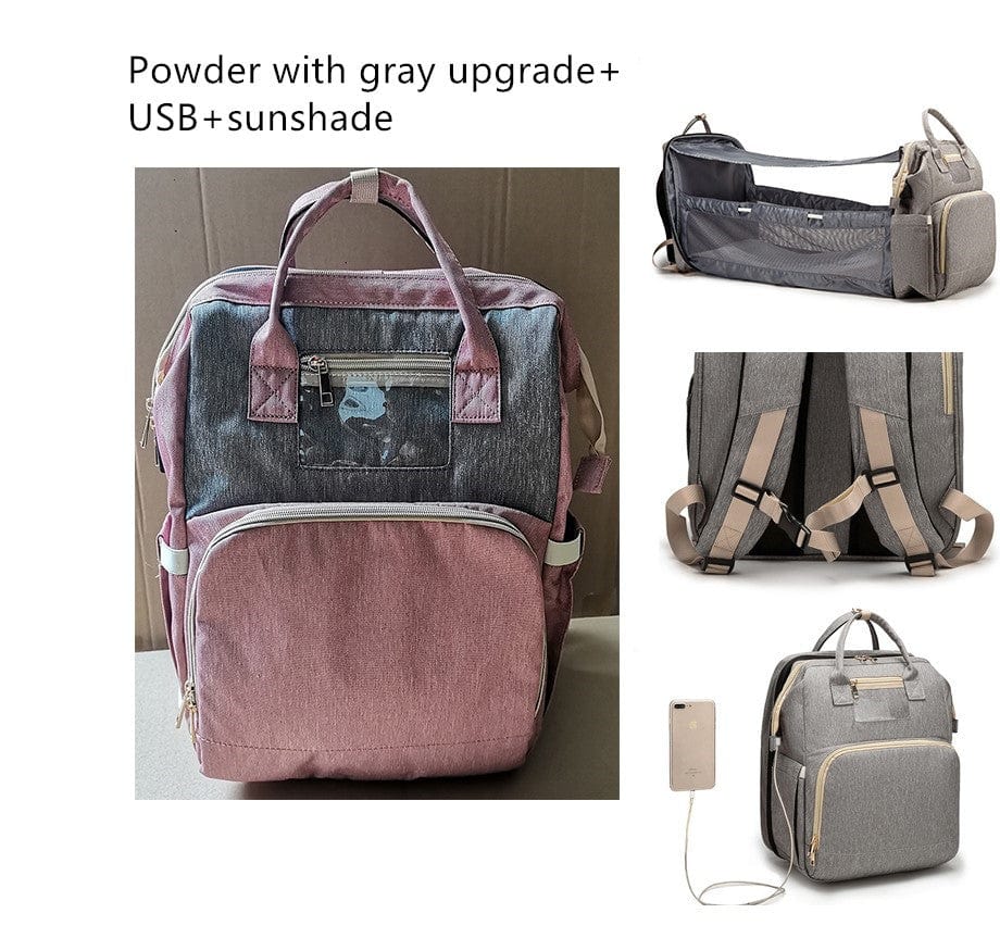 fashion novaa Trending Products Pink grey B USB Charging Version Mommy Bed Backpack Folding Large Capacity Multi-function