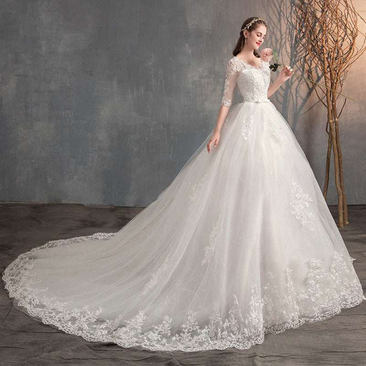 Wedding Dress Trailing Deep V Neck Lace High Waist Wedding Dress Long Sleeves Wedding Dresses fashion novaa