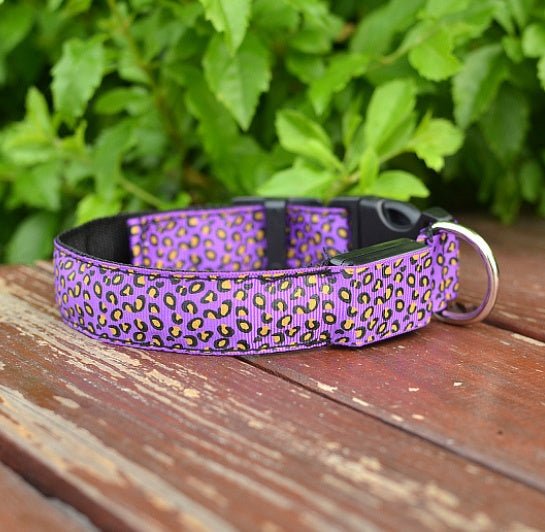 LED Dog Collar Safety Adjustable Nylon Leopard Pet Collar Pet peteezee L Purple