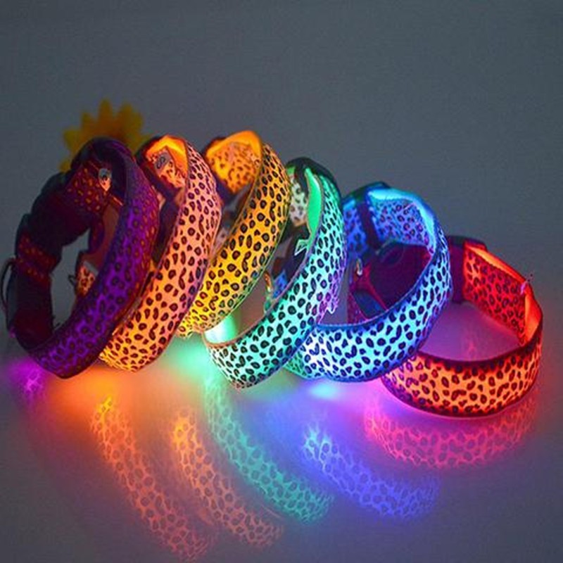 LED Dog Collar Safety Adjustable Nylon Leopard Pet Collar Pet peteezee L Random
