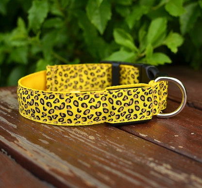 LED Dog Collar Safety Adjustable Nylon Leopard Pet Collar Pet peteezee L Yellow