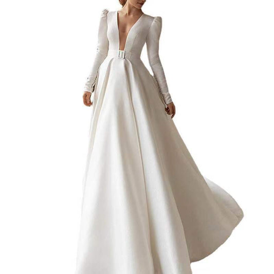 Ladies Style White Dress Satin Surface Was Thin And High French Temperament Dress Long Skirt Wedding Dresses fashion novaa