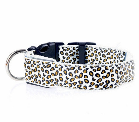 LED Dog Collar Safety Adjustable Nylon Leopard Pet Collar Pet peteezee L White