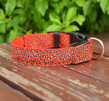 LED Dog Collar Safety Adjustable Nylon Leopard Pet Collar Pet peteezee L Red