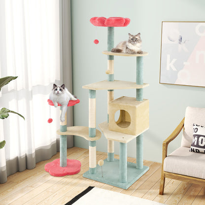 61 Inch Multi-Level Aesthetic Floral Kitten Tower With Flower-Shaped Padded Perch